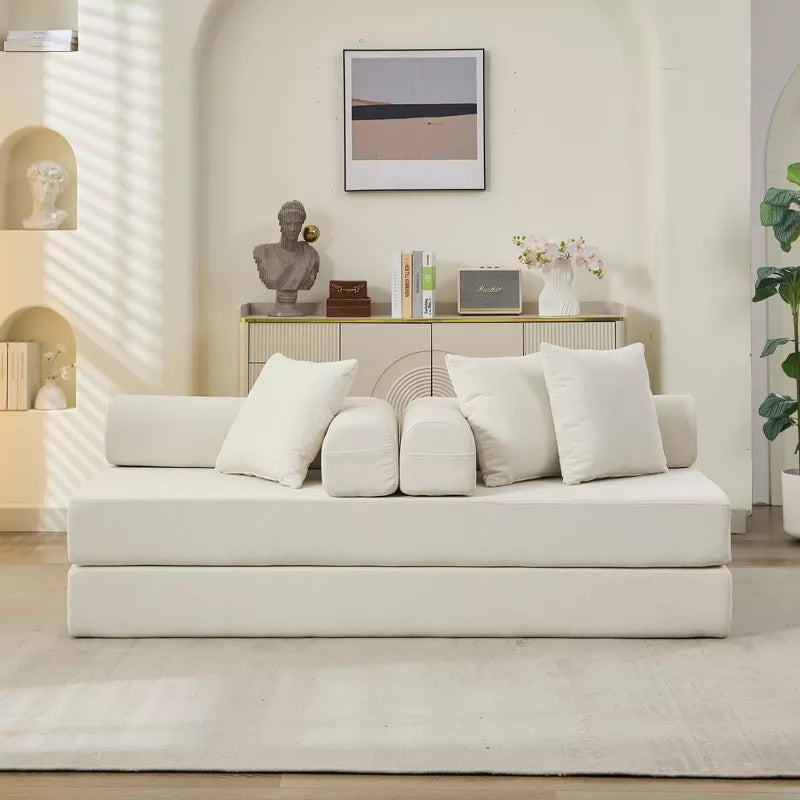 Convertible Chenille Floor Sofa Bed with Foldable Modular Design and Pillows
