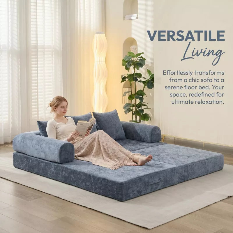 Convertible Chenille Floor Sofa Bed with Foldable Modular Design and Pillows