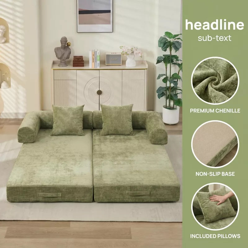 Convertible Chenille Floor Sofa Bed with Foldable Modular Design and Pillows