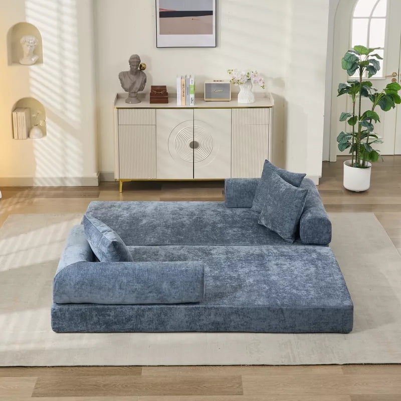 Convertible Chenille Floor Sofa Bed with Foldable Modular Design and Pillows