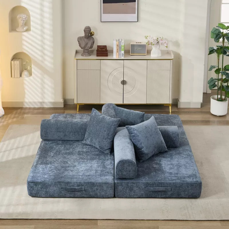 Convertible Chenille Floor Sofa Bed with Foldable Modular Design and Pillows