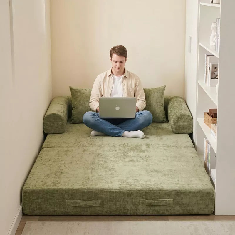 Convertible Chenille Floor Sofa Bed with Foldable Modular Design and Pillows