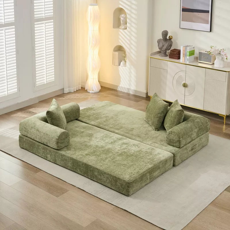 Convertible Chenille Floor Sofa Bed with Foldable Modular Design and Pillows