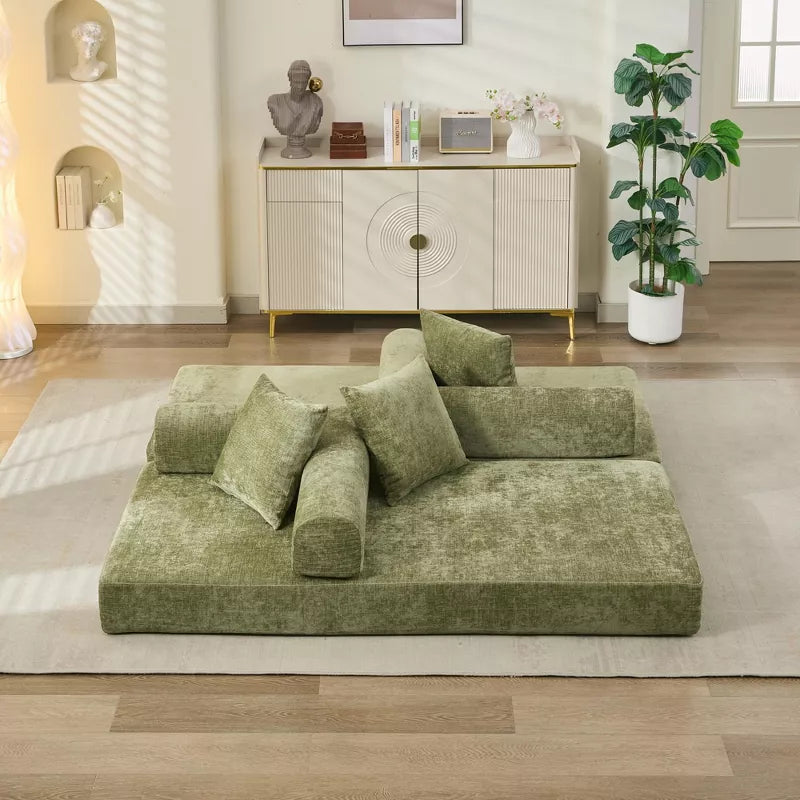 Convertible Chenille Floor Sofa Bed with Foldable Modular Design and Pillows