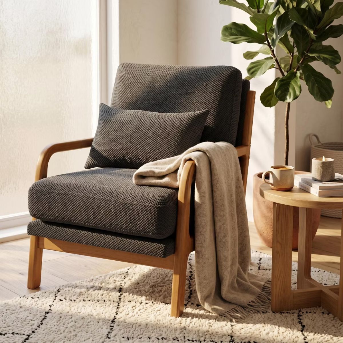 Mid-Century Modern Accent Chair with Solid Wood Frame & Lumbar Pillow