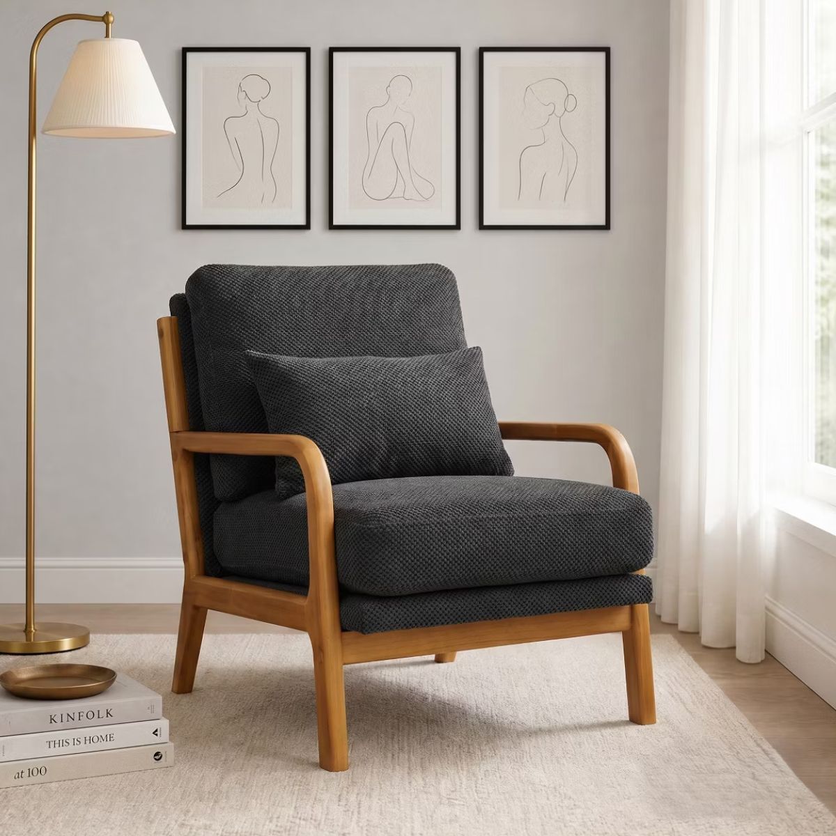 Mid-Century Modern Accent Chair with Solid Wood Frame & Lumbar Pillow