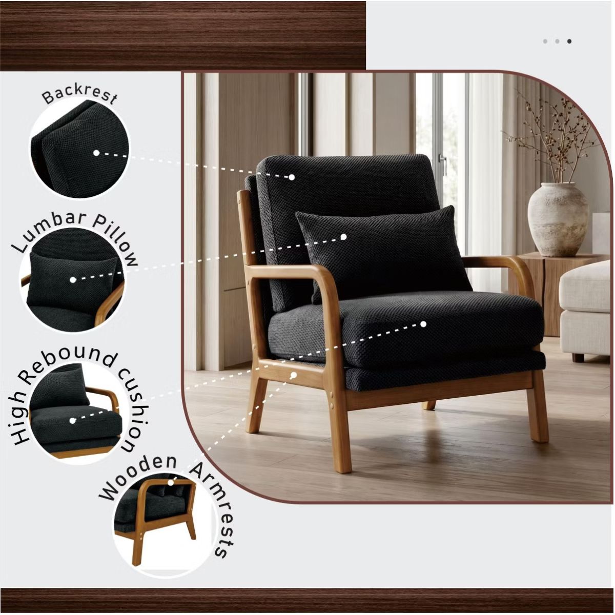 Mid-Century Modern Accent Chair with Solid Wood Frame & Lumbar Pillow