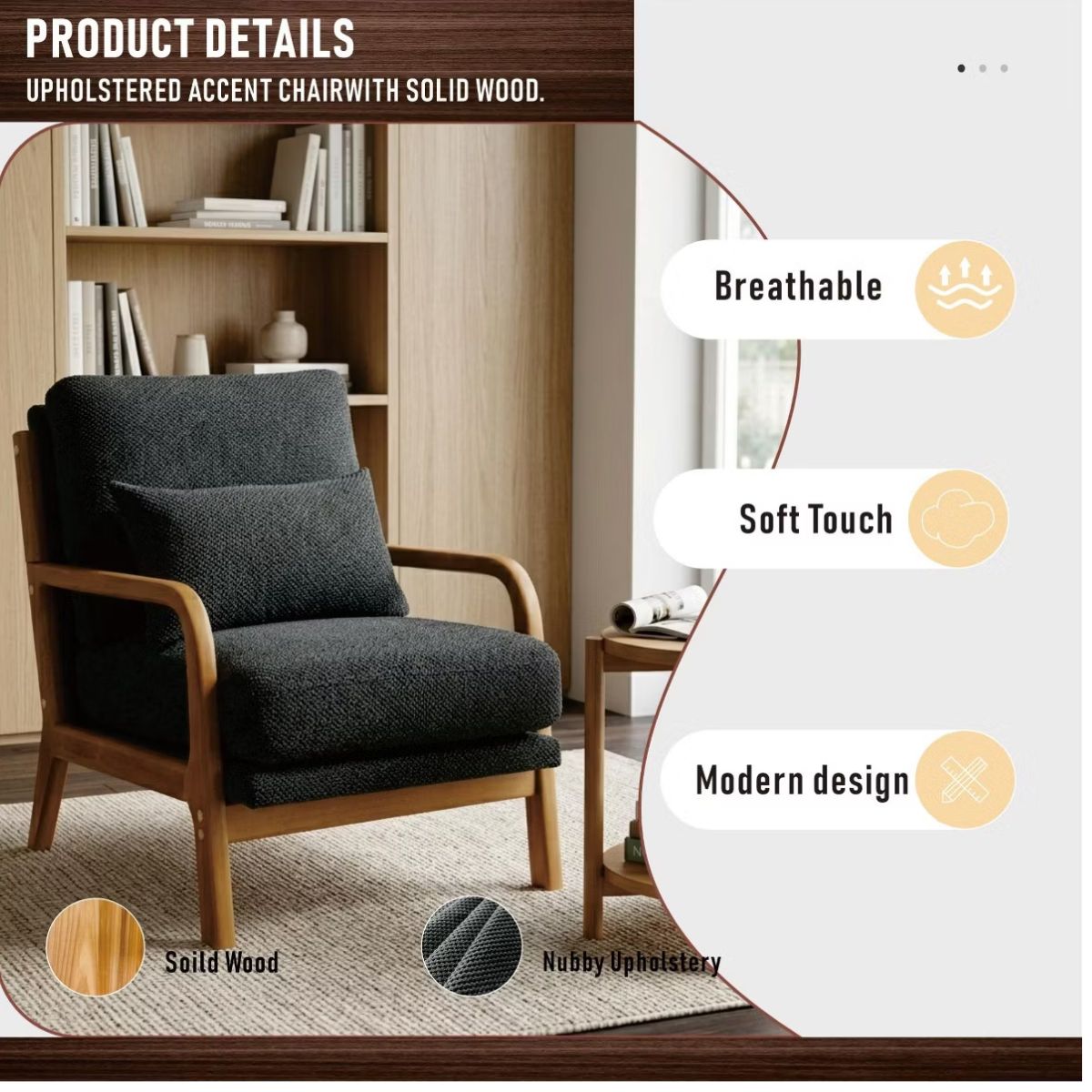 Mid-Century Modern Accent Chair with Solid Wood Frame & Lumbar Pillow