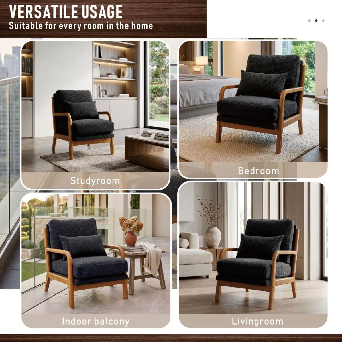 Mid-Century Modern Accent Chair with Solid Wood Frame & Lumbar Pillow