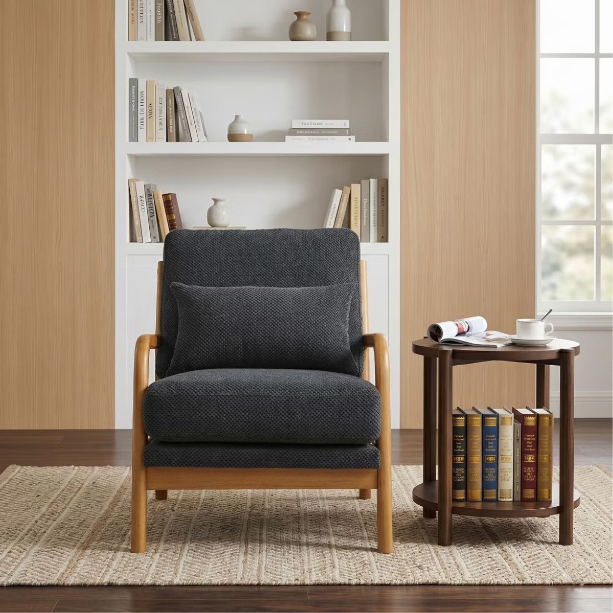 Mid-Century Modern Accent Chair with Solid Wood Frame & Lumbar Pillow