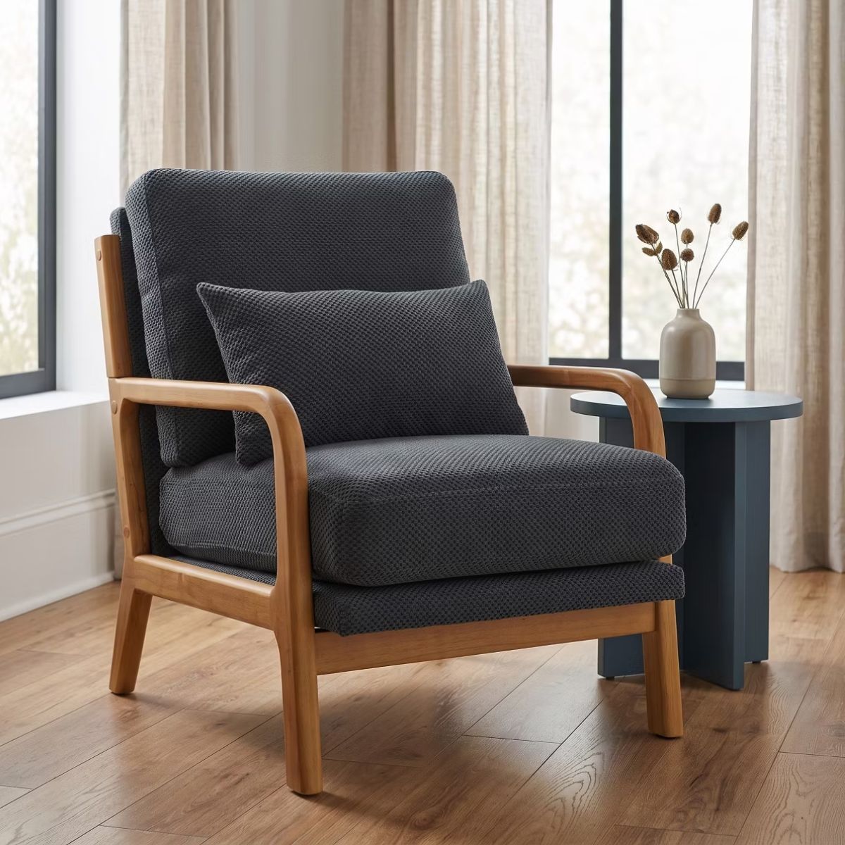 Mid-Century Modern Accent Chair with Solid Wood Frame & Lumbar Pillow