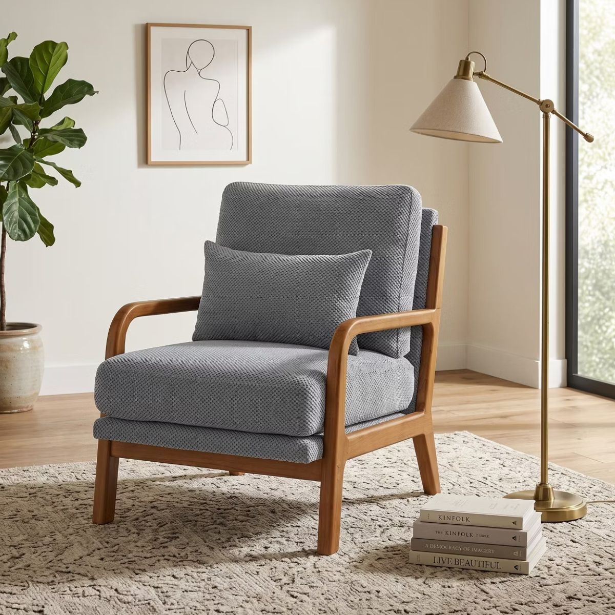 Mid-Century Modern Accent Chair with Solid Wood Frame & Lumbar Pillow