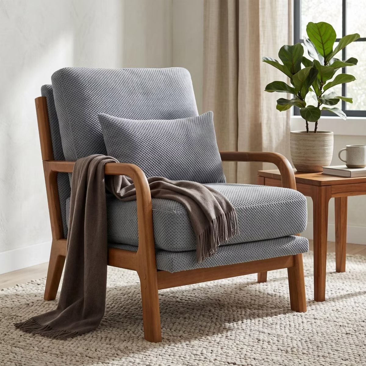 Mid-Century Modern Accent Chair with Solid Wood Frame & Lumbar Pillow