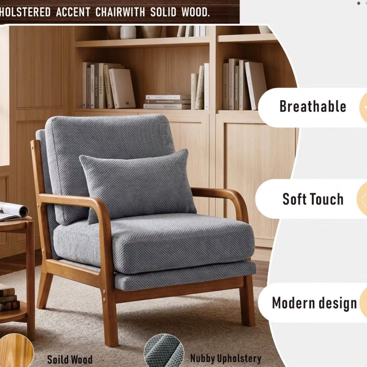 Mid-Century Modern Accent Chair with Solid Wood Frame & Lumbar Pillow