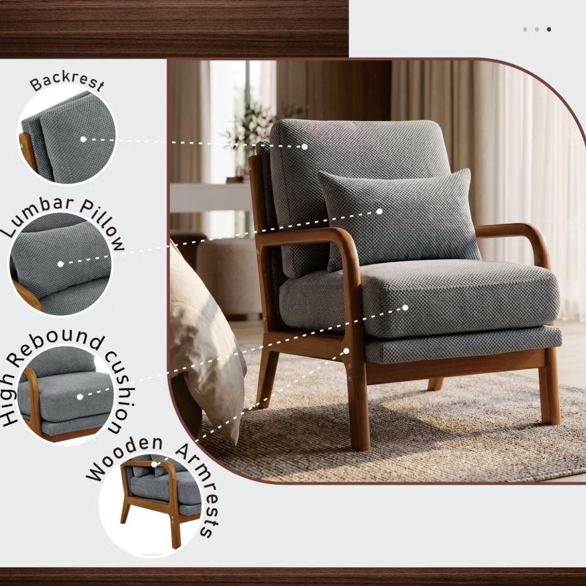 Mid-Century Modern Accent Chair with Solid Wood Frame & Lumbar Pillow