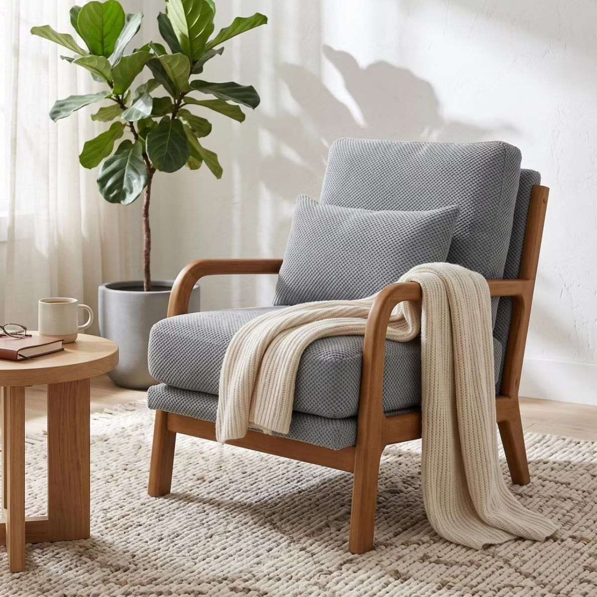 Mid-Century Modern Accent Chair with Solid Wood Frame & Lumbar Pillow