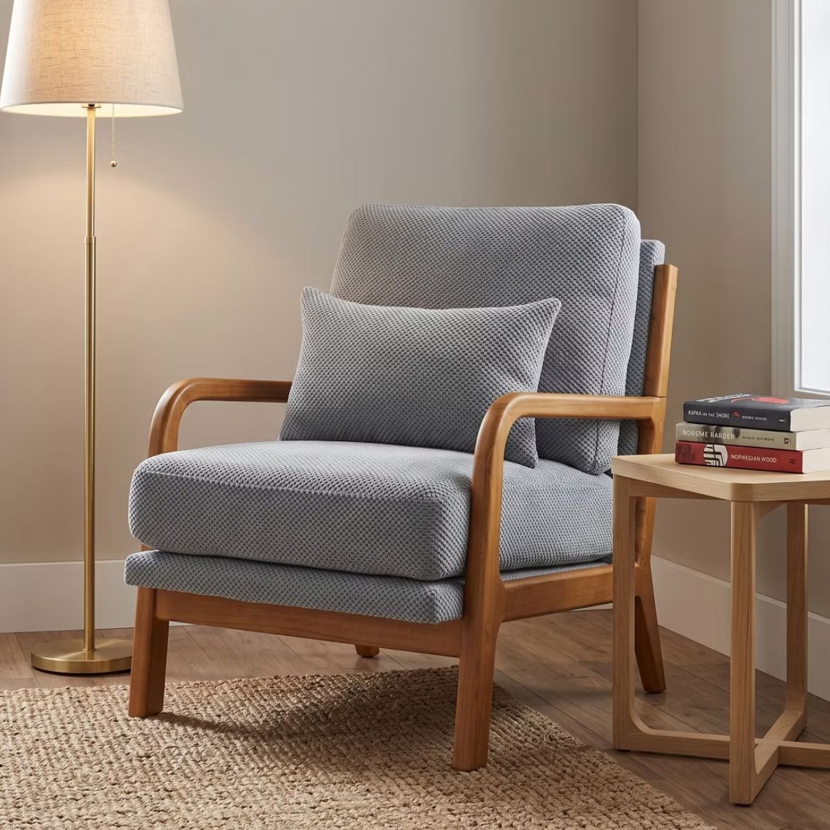 Mid-Century Modern Accent Chair with Solid Wood Frame & Lumbar Pillow