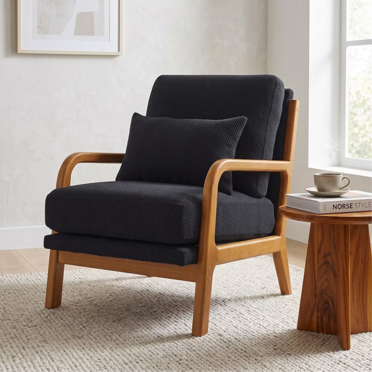 Mid-Century Modern Accent Chair with Solid Wood Frame & Lumbar Pillow