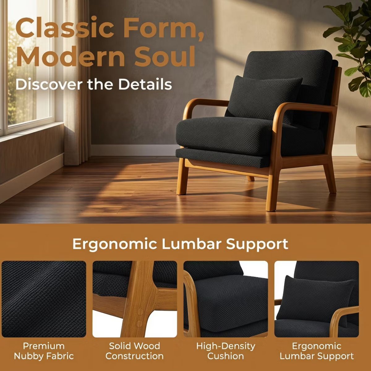 Mid-Century Modern Accent Chair with Solid Wood Frame & Lumbar Pillow