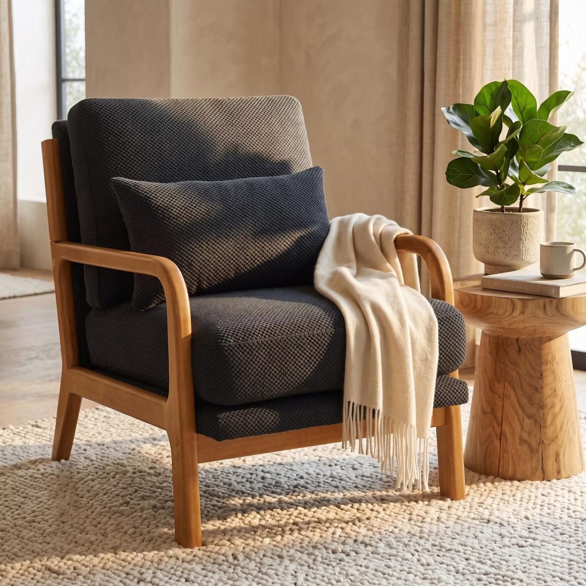 Mid-Century Modern Accent Chair with Solid Wood Frame & Lumbar Pillow