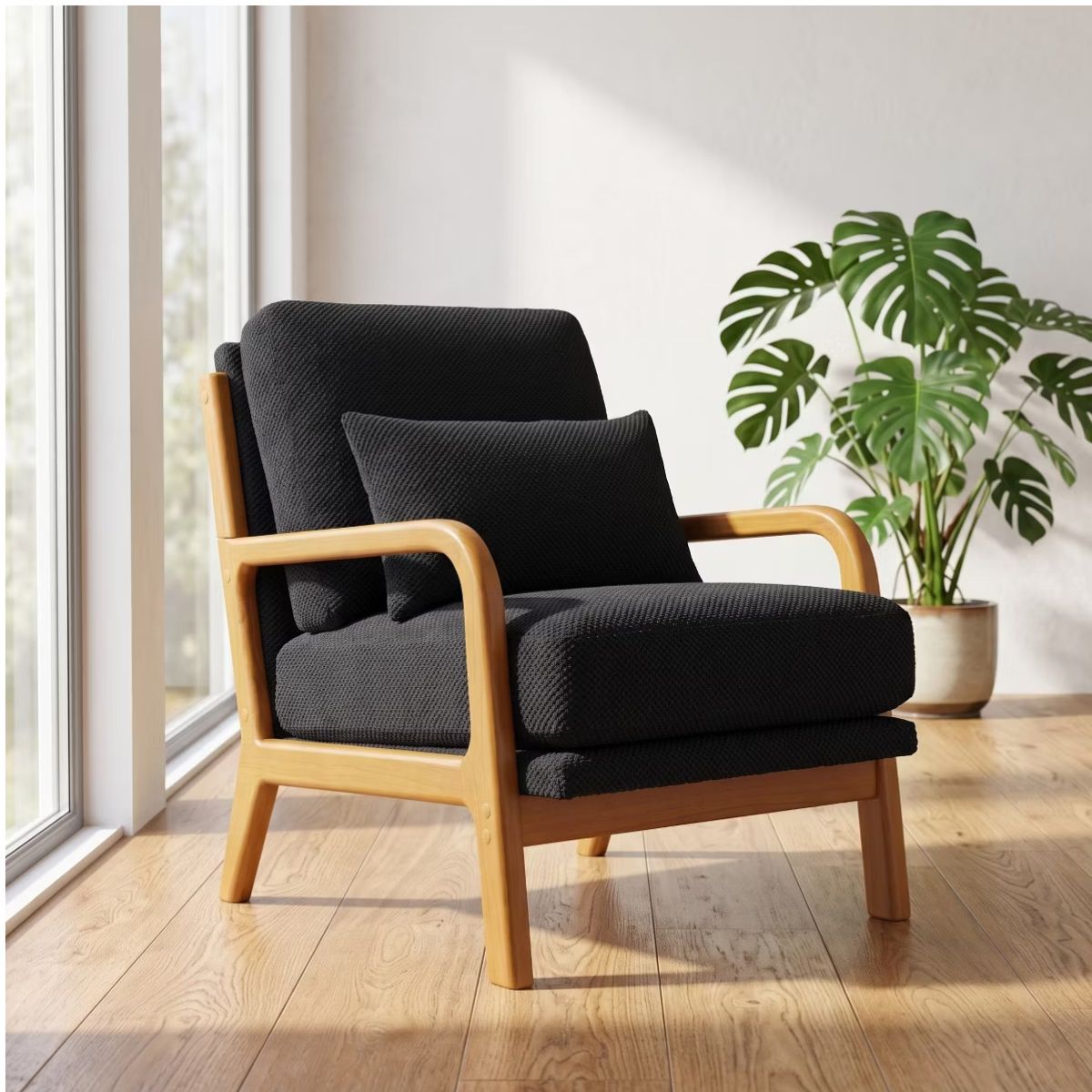 Mid-Century Modern Accent Chair with Solid Wood Frame & Lumbar Pillow