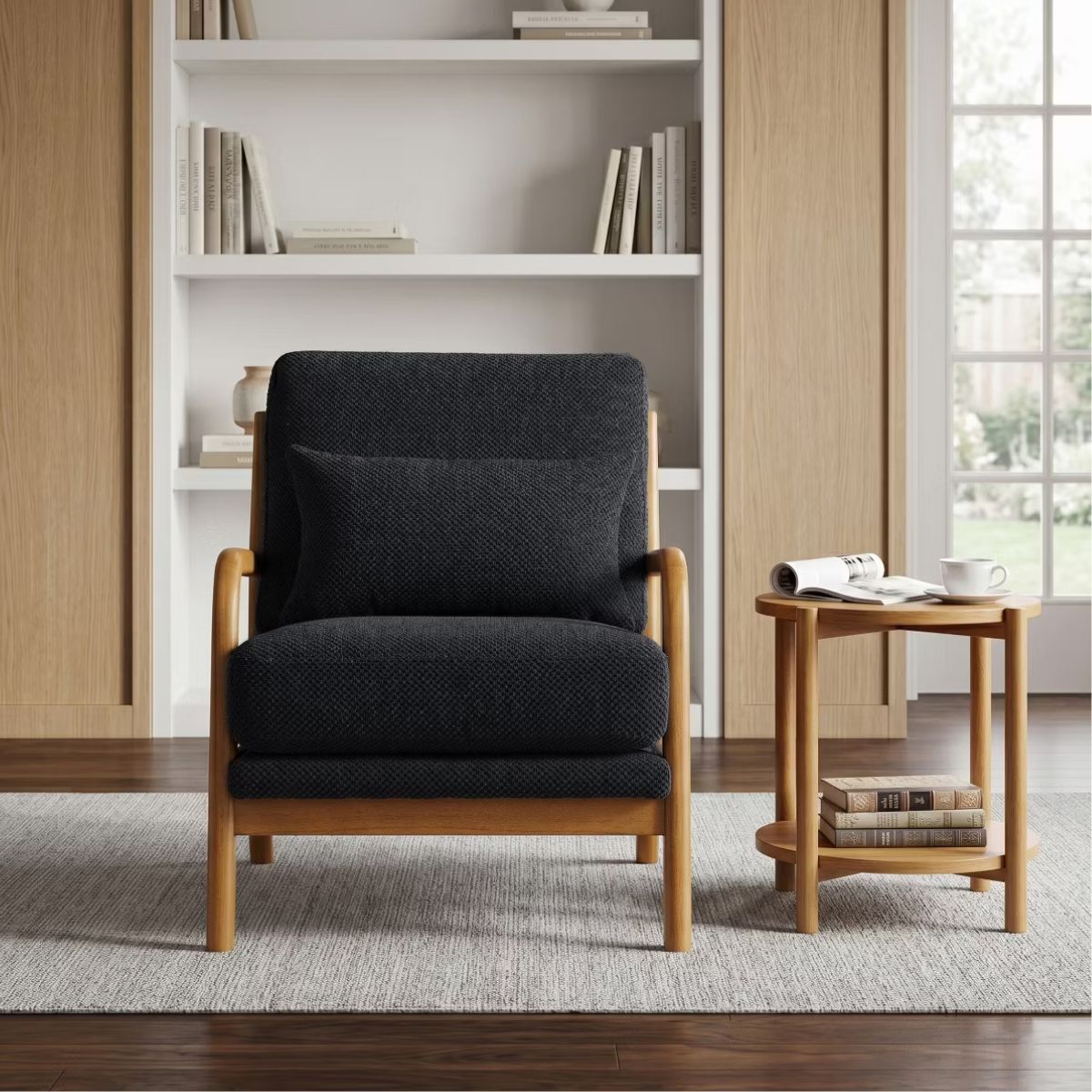 Mid-Century Modern Accent Chair with Solid Wood Frame & Lumbar Pillow