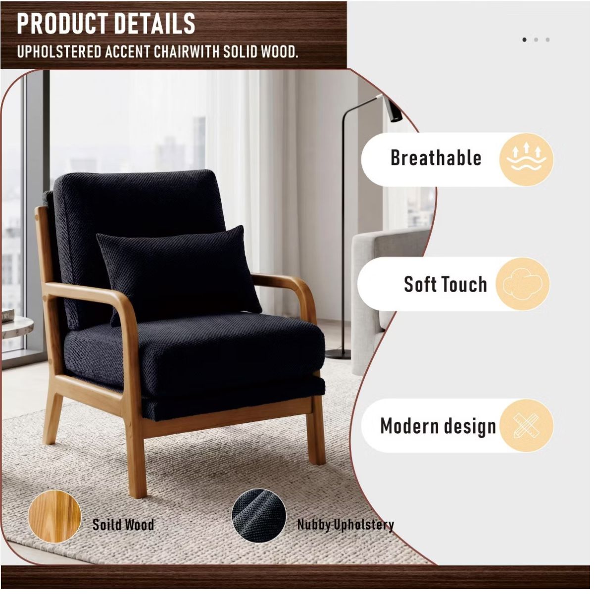 Mid-Century Modern Accent Chair with Solid Wood Frame & Lumbar Pillow