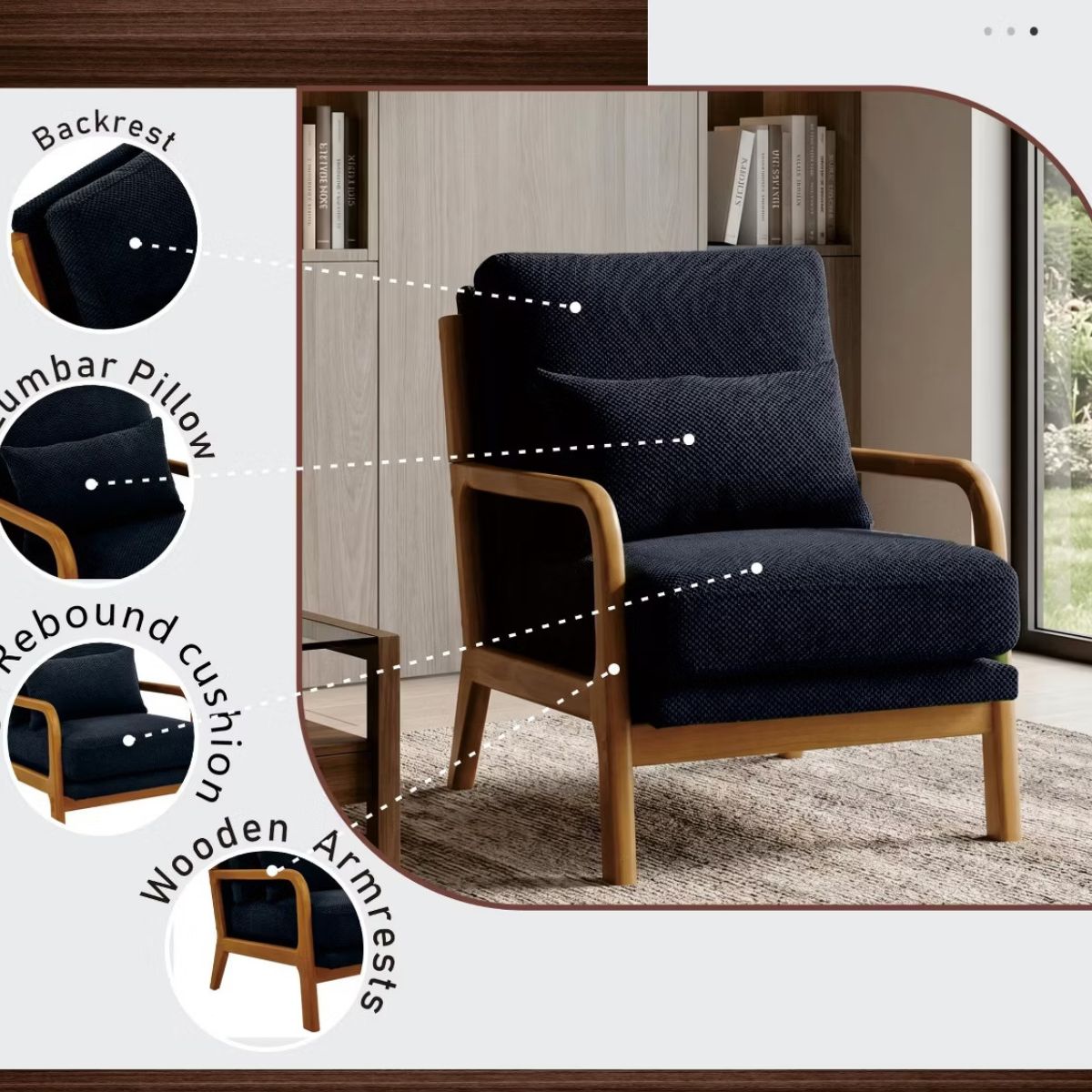 Mid-Century Modern Accent Chair with Solid Wood Frame & Lumbar Pillow