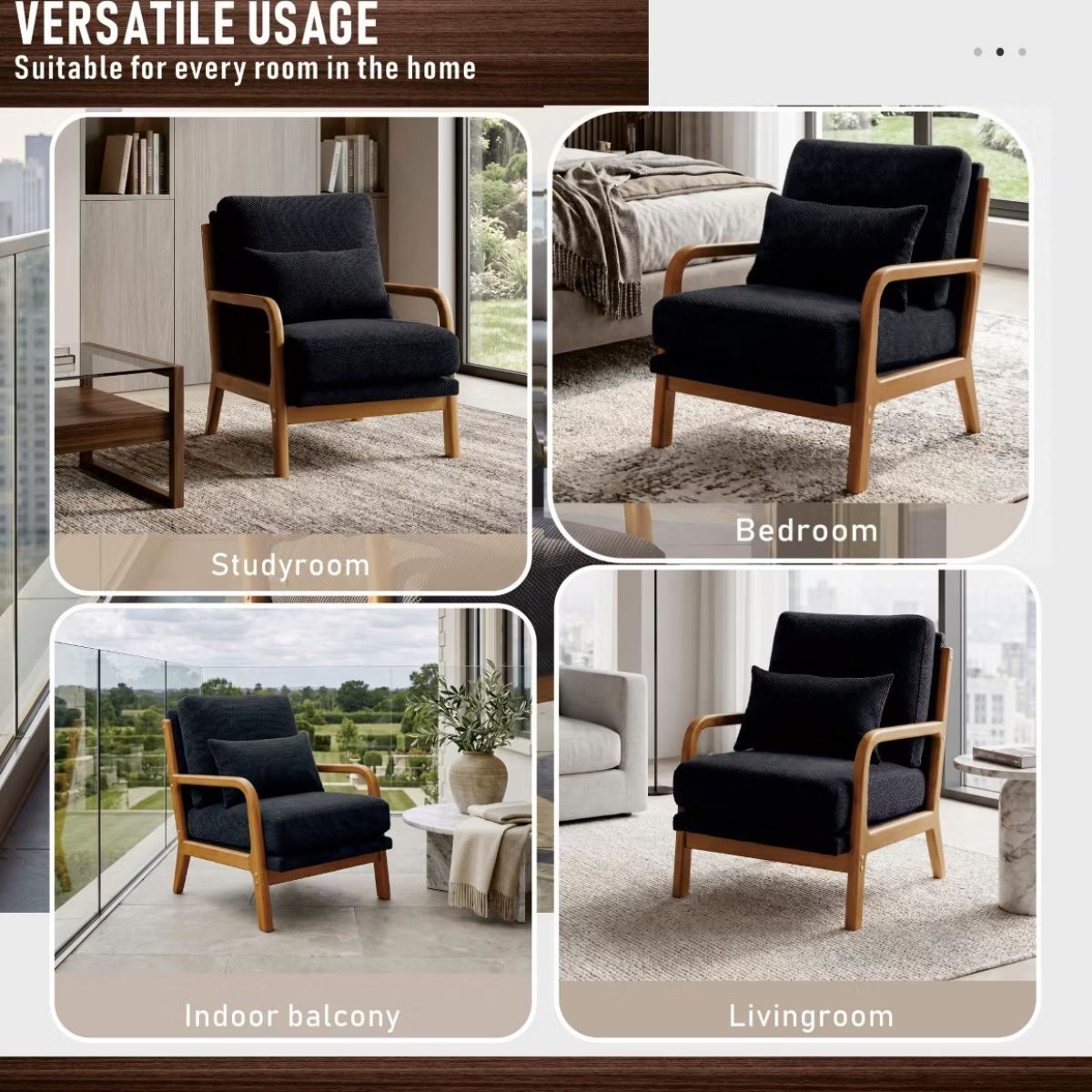 Mid-Century Modern Accent Chair with Solid Wood Frame & Lumbar Pillow