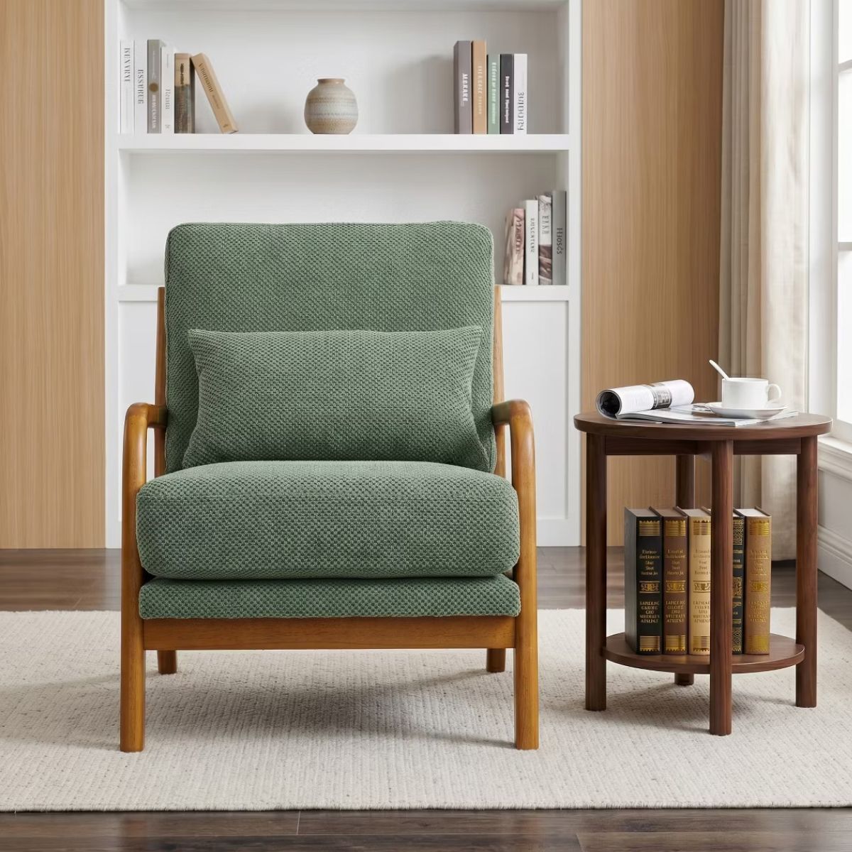 Mid-Century Modern Accent Chair with Solid Wood Frame & Lumbar Pillow