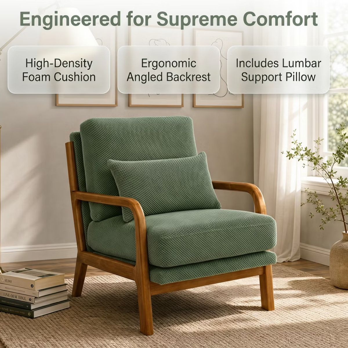 Mid-Century Modern Accent Chair with Solid Wood Frame & Lumbar Pillow