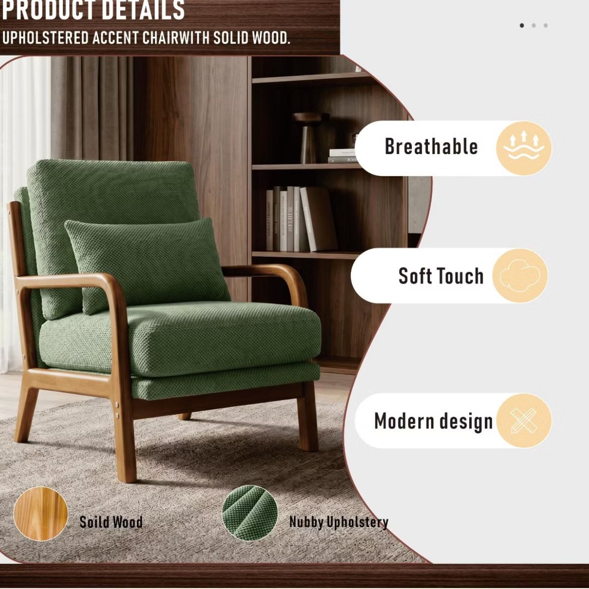 Mid-Century Modern Accent Chair with Solid Wood Frame & Lumbar Pillow