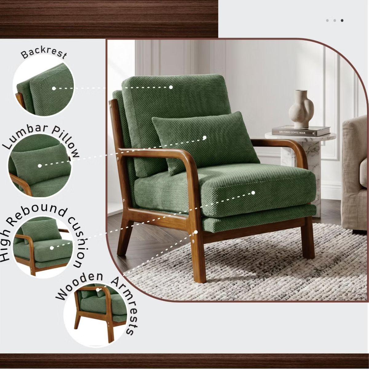 Mid-Century Modern Accent Chair with Solid Wood Frame & Lumbar Pillow