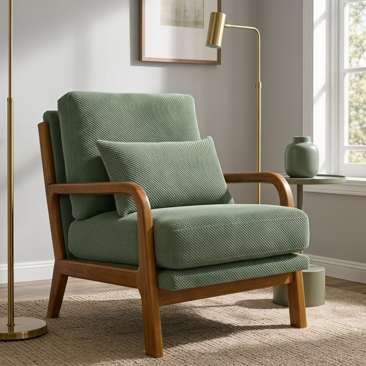 Mid-Century Modern Accent Chair with Solid Wood Frame & Lumbar Pillow