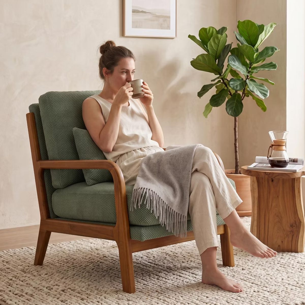 Mid-Century Modern Accent Chair with Solid Wood Frame & Lumbar Pillow