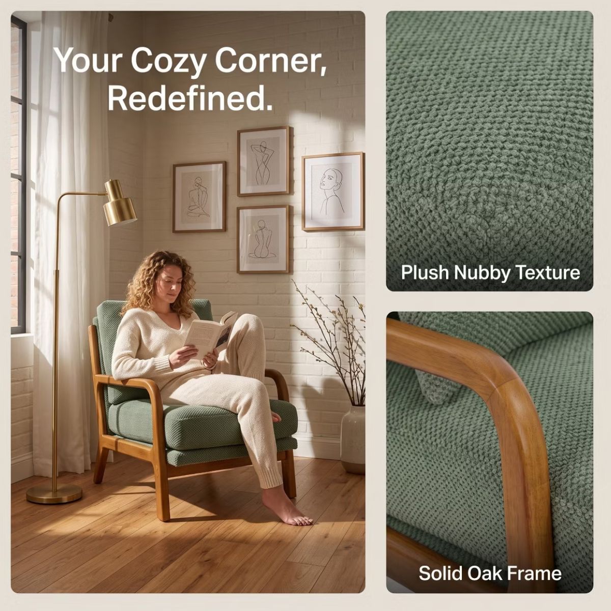 Mid-Century Modern Accent Chair with Solid Wood Frame & Lumbar Pillow