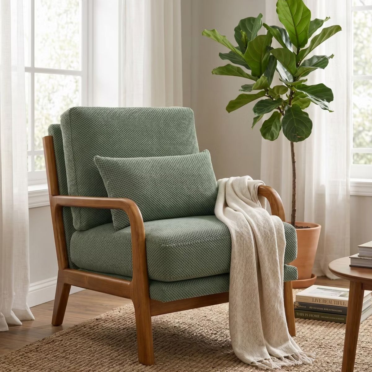 Mid-Century Modern Accent Chair with Solid Wood Frame & Lumbar Pillow