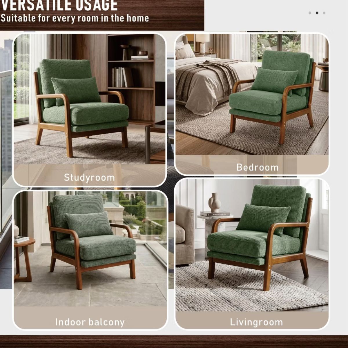 Mid-Century Modern Accent Chair with Solid Wood Frame & Lumbar Pillow