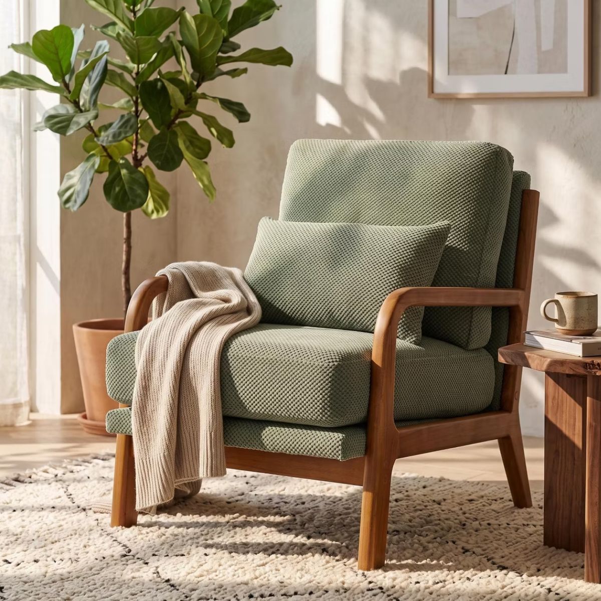 Mid-Century Modern Accent Chair with Solid Wood Frame & Lumbar Pillow