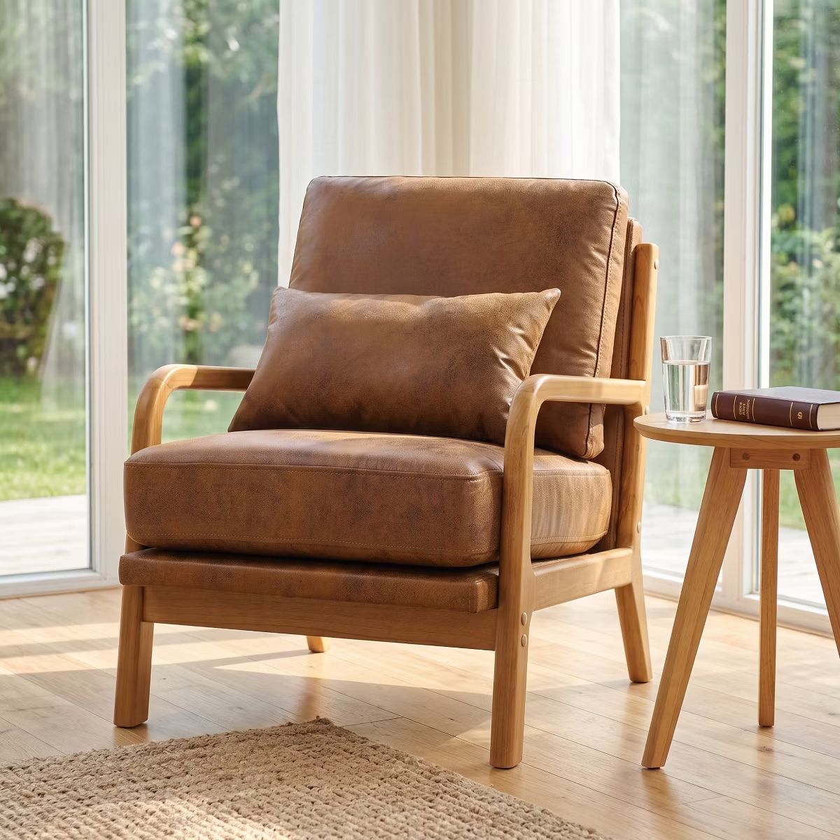 Mid-Century Modern Accent Chair with Solid Wood Frame & Lumbar Pillow