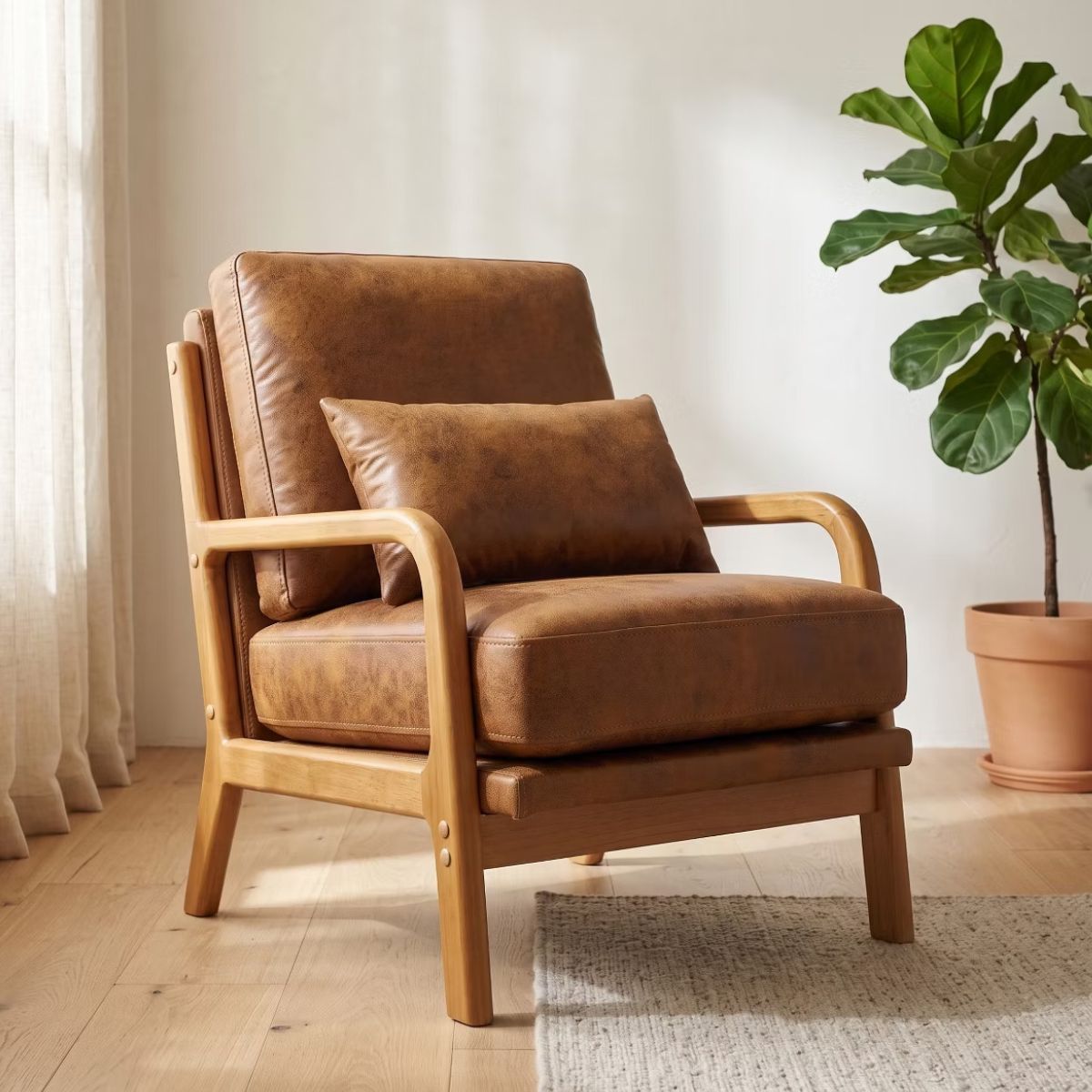 Mid-Century Modern Accent Chair with Solid Wood Frame & Lumbar Pillow