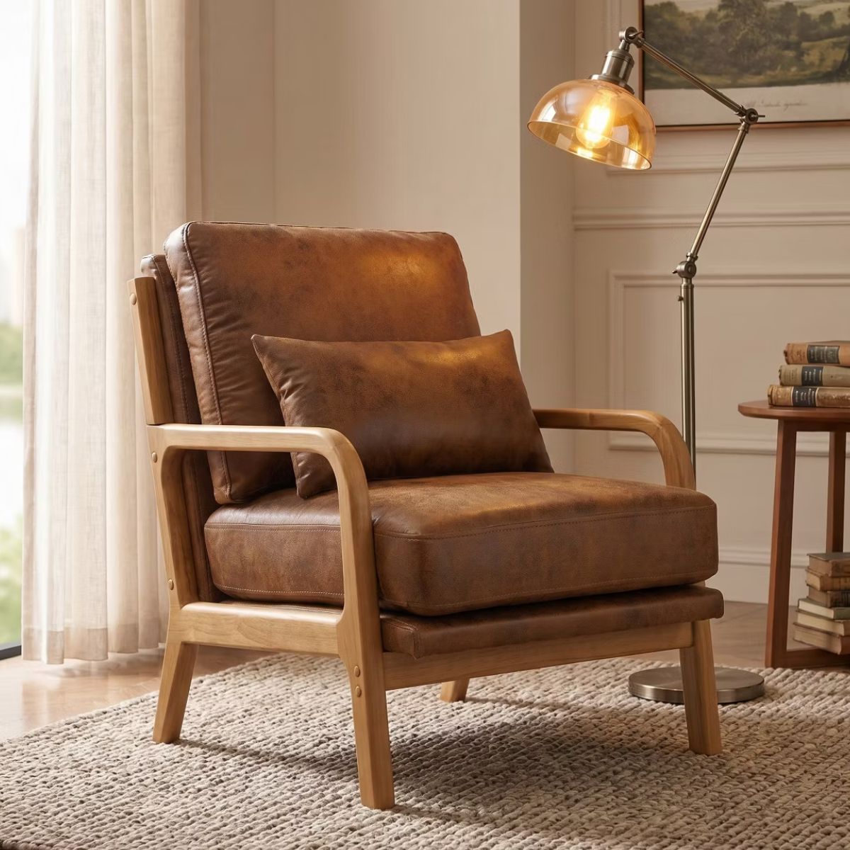 Mid-Century Modern Accent Chair with Solid Wood Frame & Lumbar Pillow