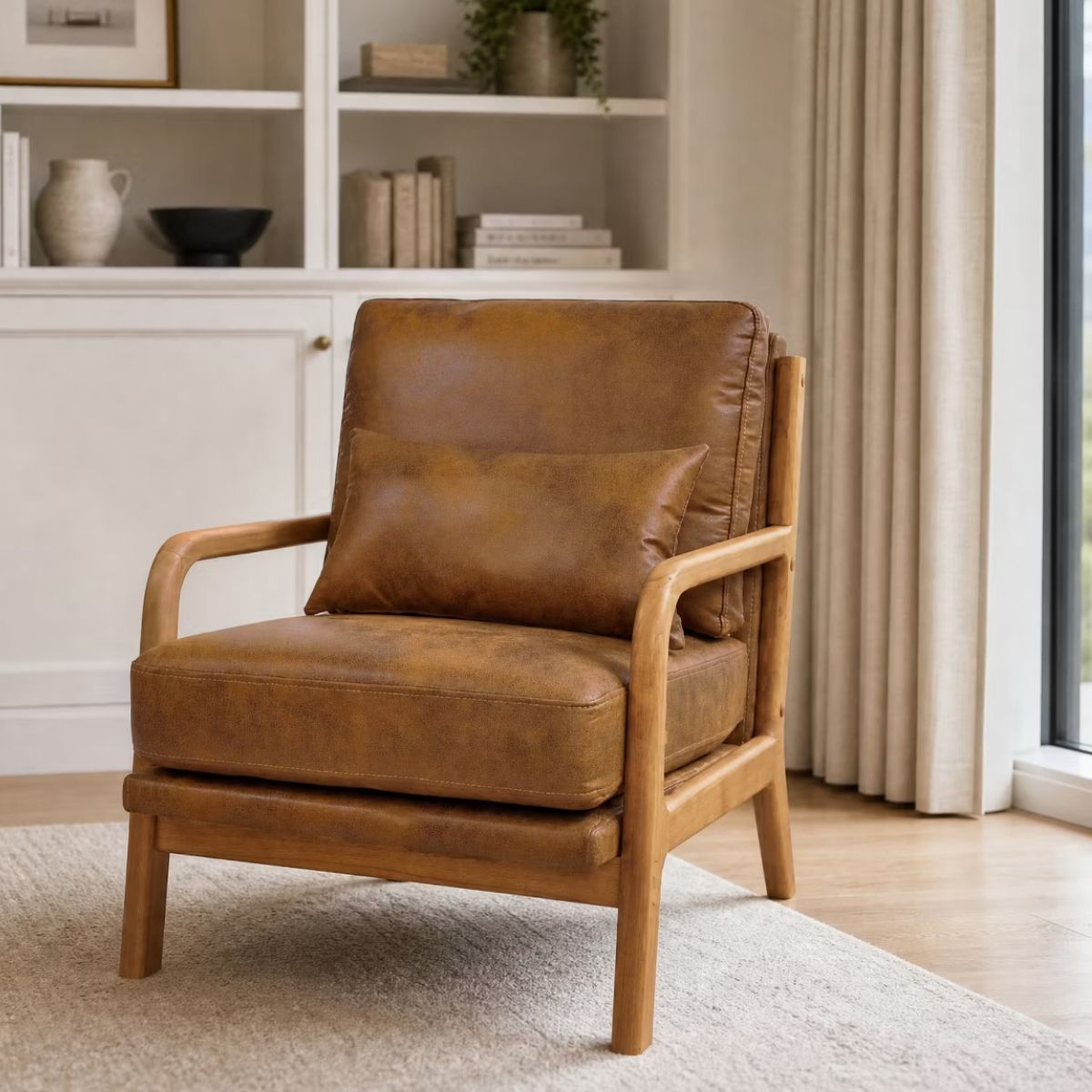 Mid-Century Modern Accent Chair with Solid Wood Frame & Lumbar Pillow