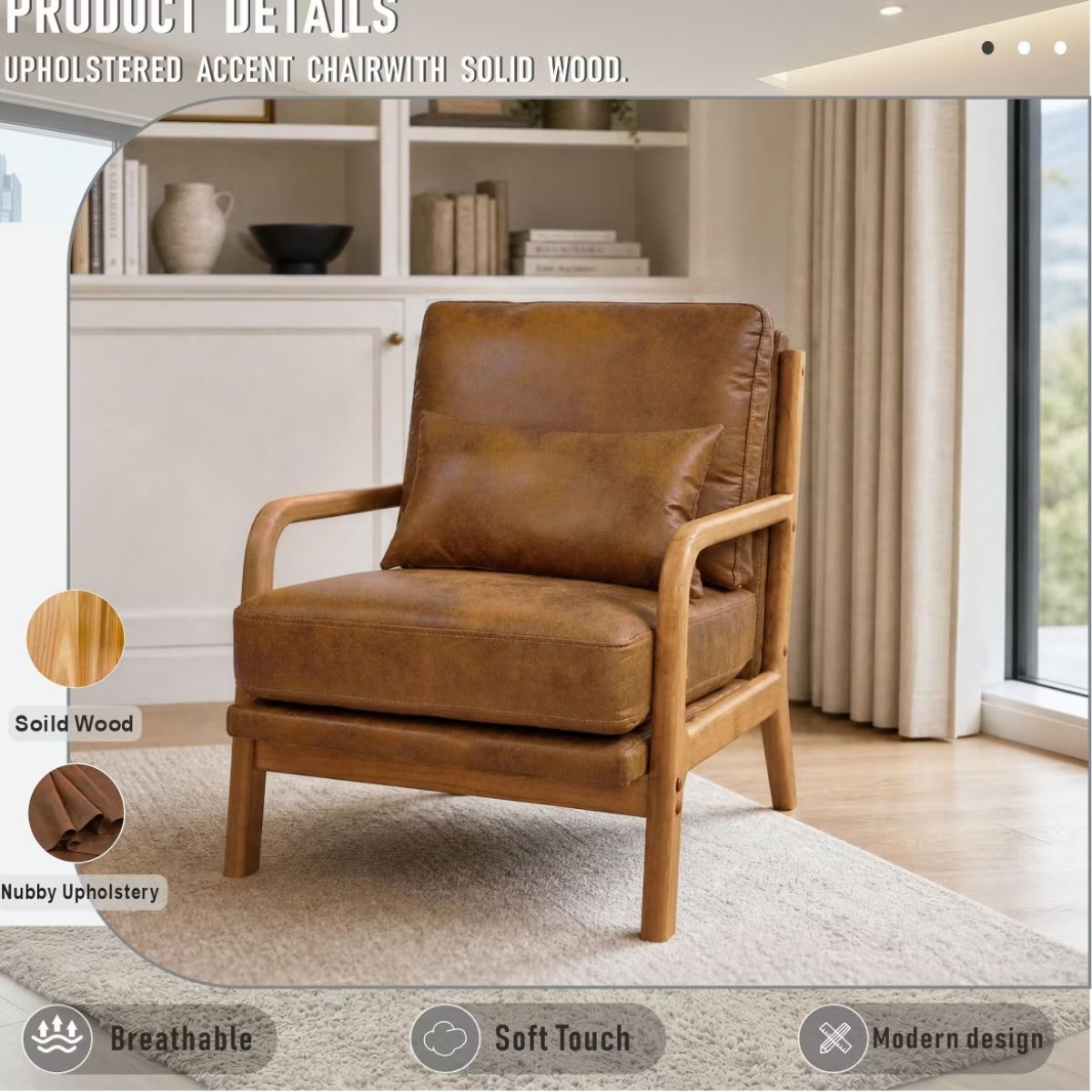 Mid-Century Modern Accent Chair with Solid Wood Frame & Lumbar Pillow