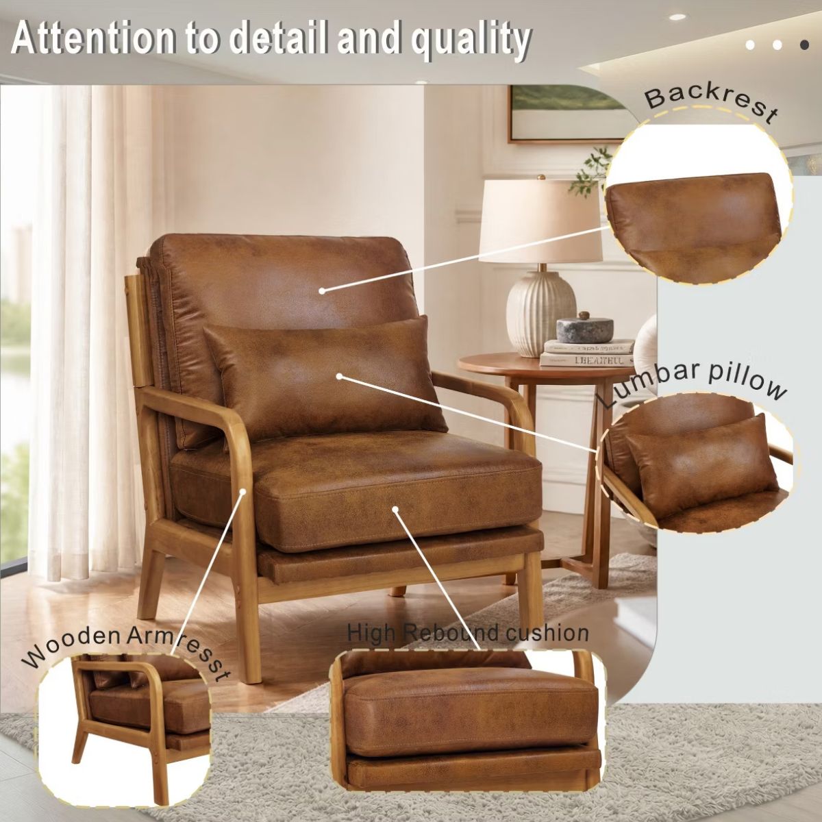 Mid-Century Modern Accent Chair with Solid Wood Frame & Lumbar Pillow