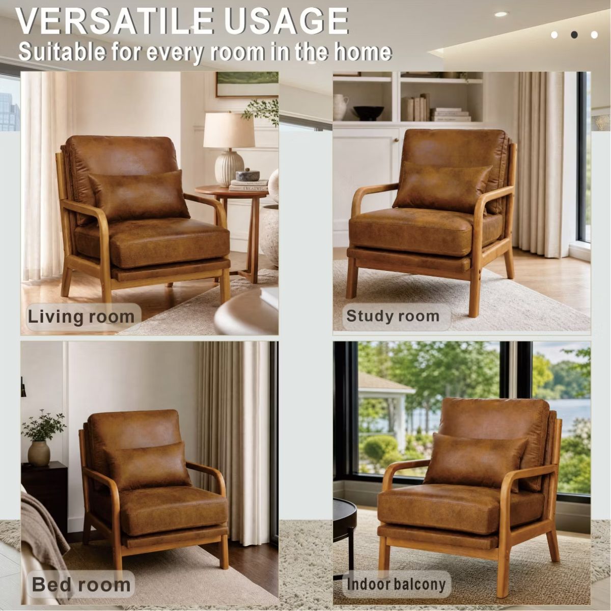 Mid-Century Modern Accent Chair with Solid Wood Frame & Lumbar Pillow
