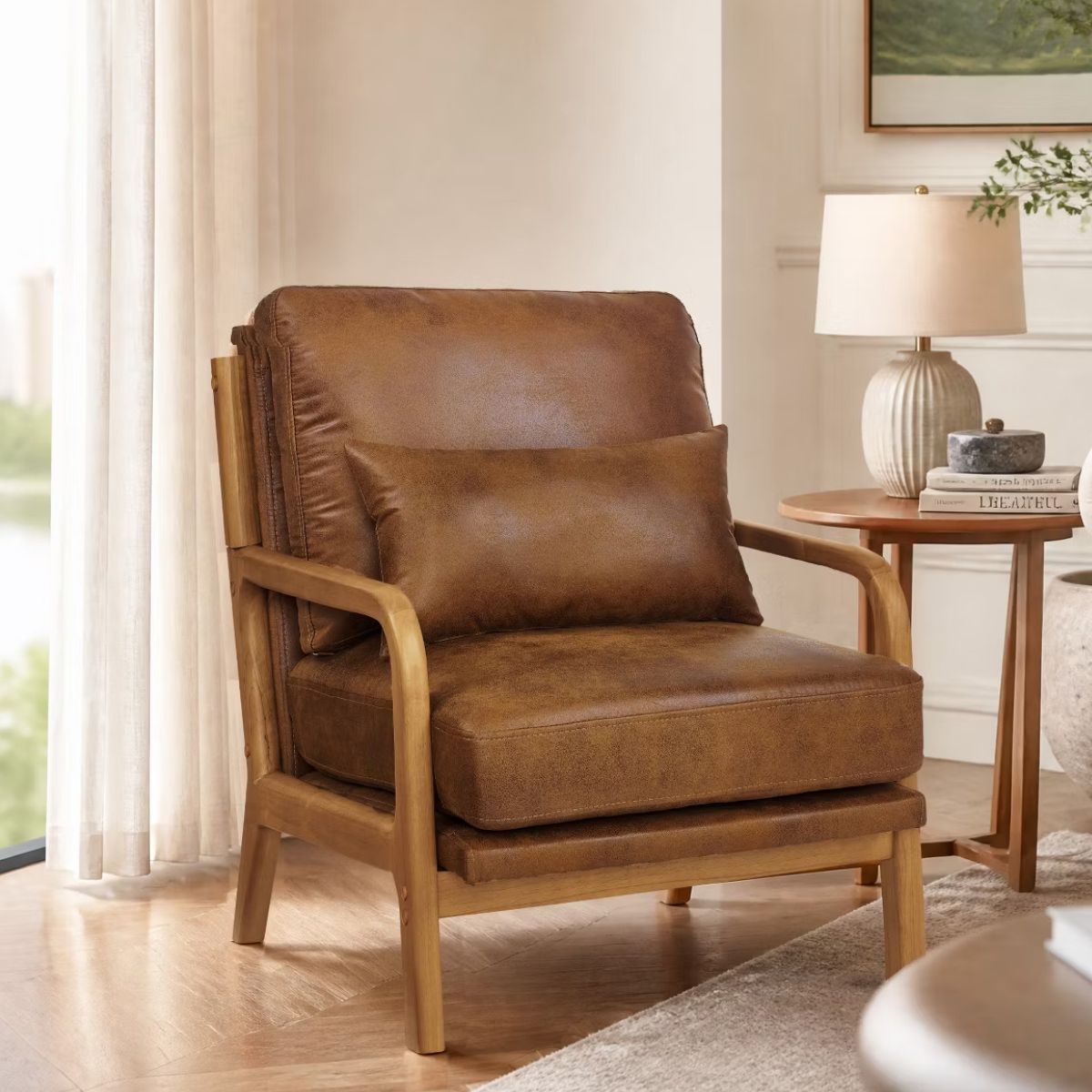Mid-Century Modern Accent Chair with Solid Wood Frame & Lumbar Pillow