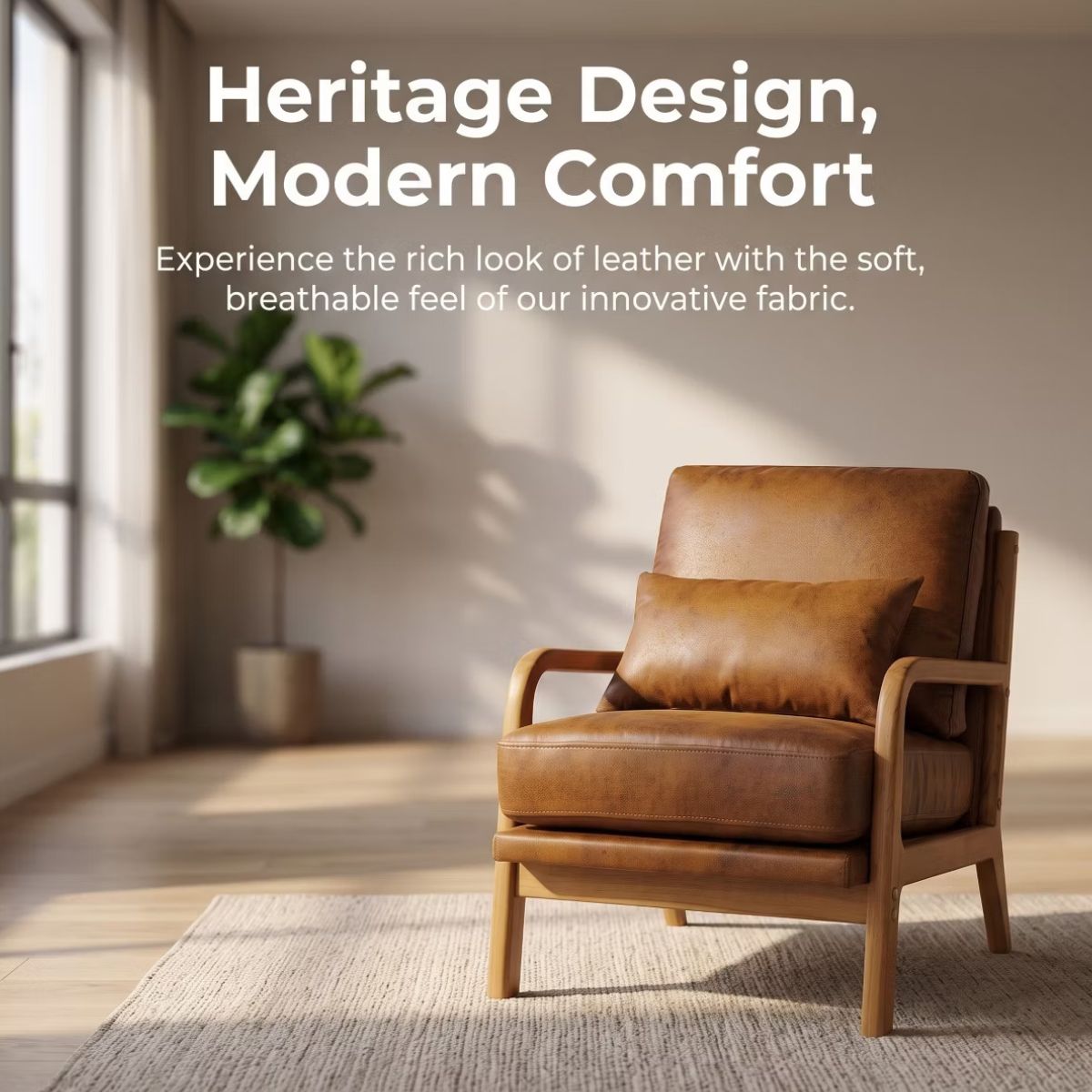 Mid-Century Modern Accent Chair with Solid Wood Frame & Lumbar Pillow