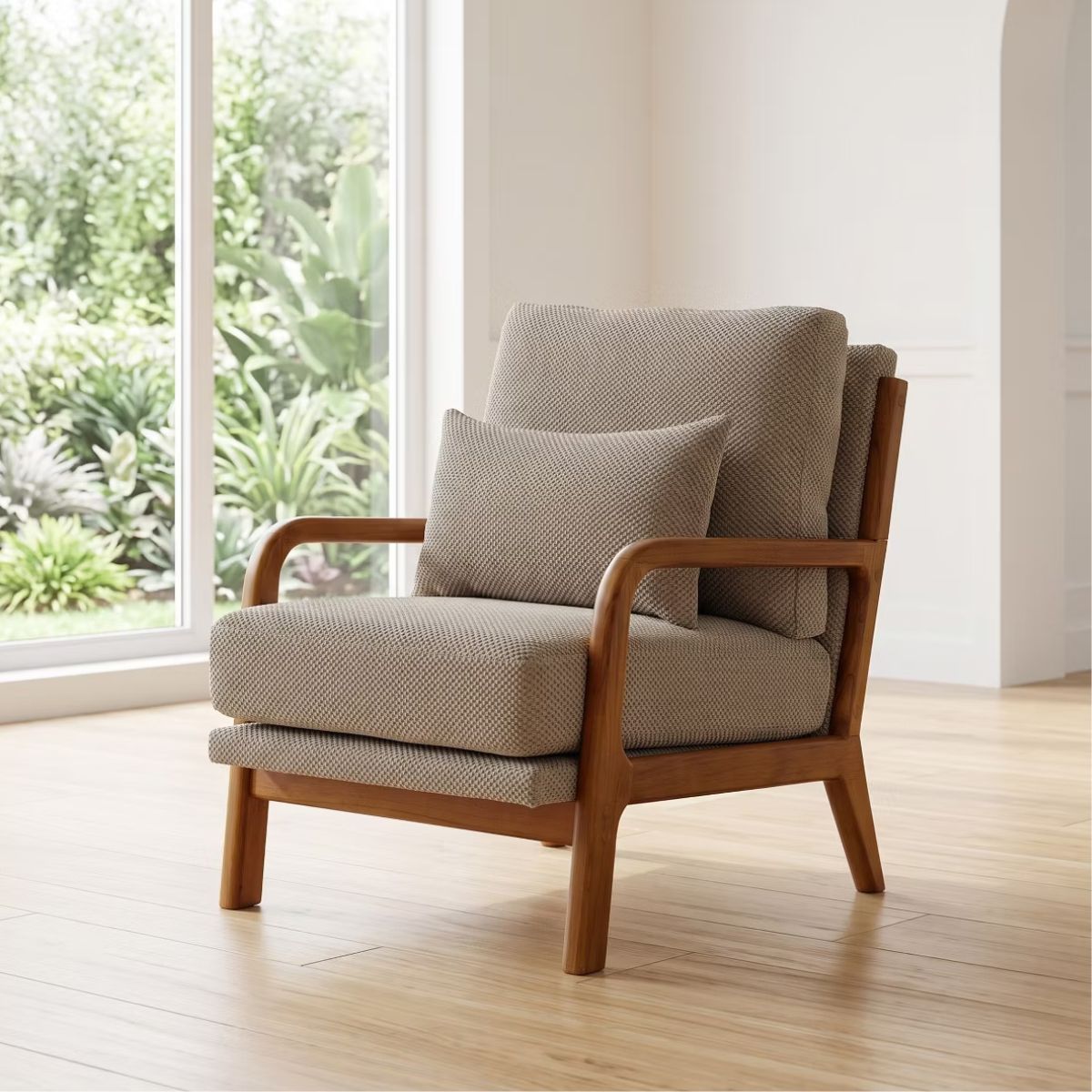 Mid-Century Modern Accent Chair with Solid Wood Frame & Lumbar Pillow