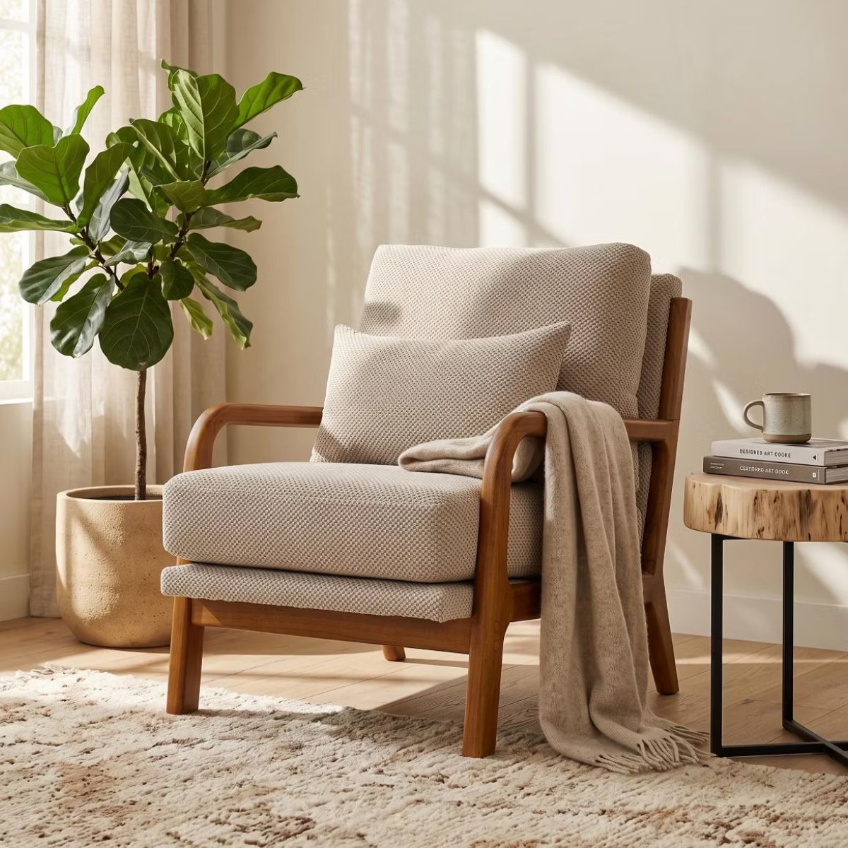 Mid-Century Modern Accent Chair with Solid Wood Frame & Lumbar Pillow